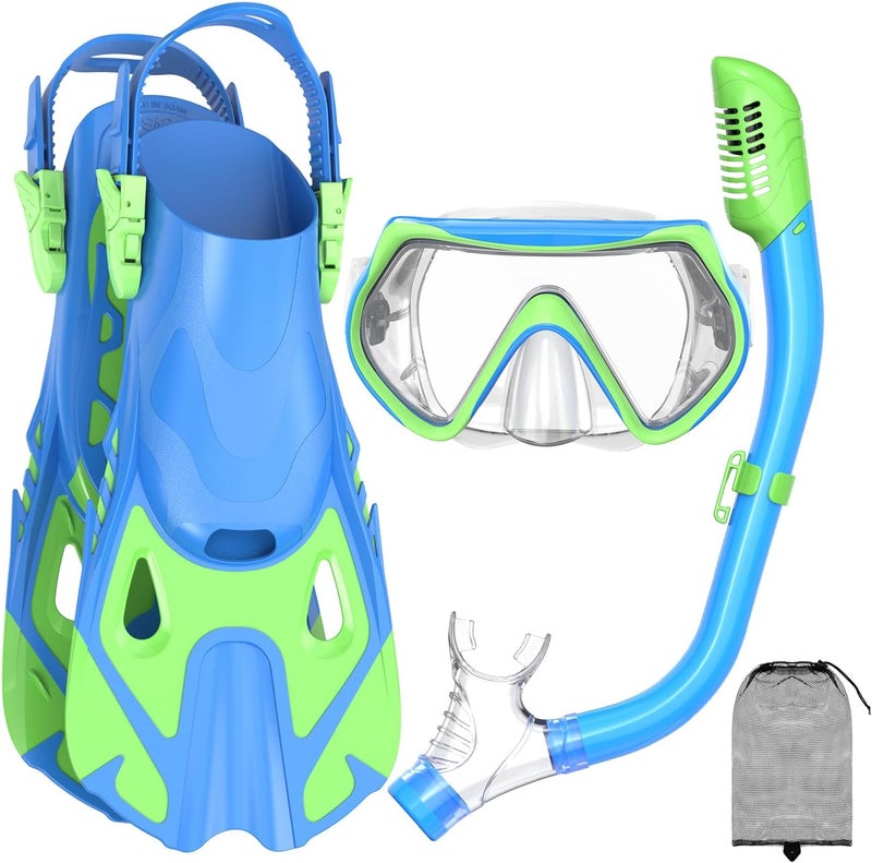 For Shine Snorkeling Gear for Kids, Kid Mask Fins Dry Top Snorkel Set, Youth Boys Girls Junior Age 6-14 Swimming Diving Swim Fins, Tempered Glass Panoramic View Travel Packages - Image 1